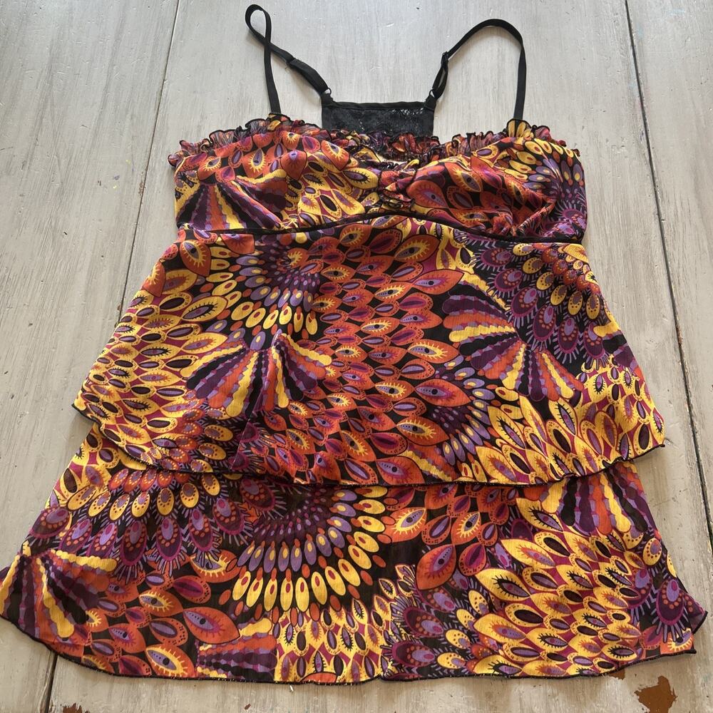 Fresh Brewed Orange Yellow Paisley Babydoll Tiered Sheer Racerback Top Sz XL